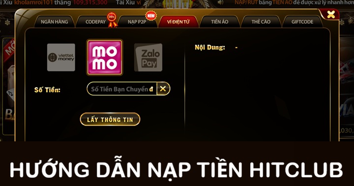 Khởi động cuộc chơi bằng cách nạp tiền Hitclub